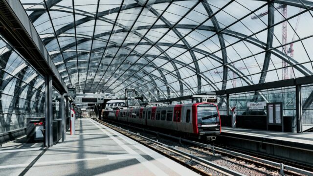 Architectural shot of Elbbrücken train station in Hamburg, showcasing modern design and infrastructure.