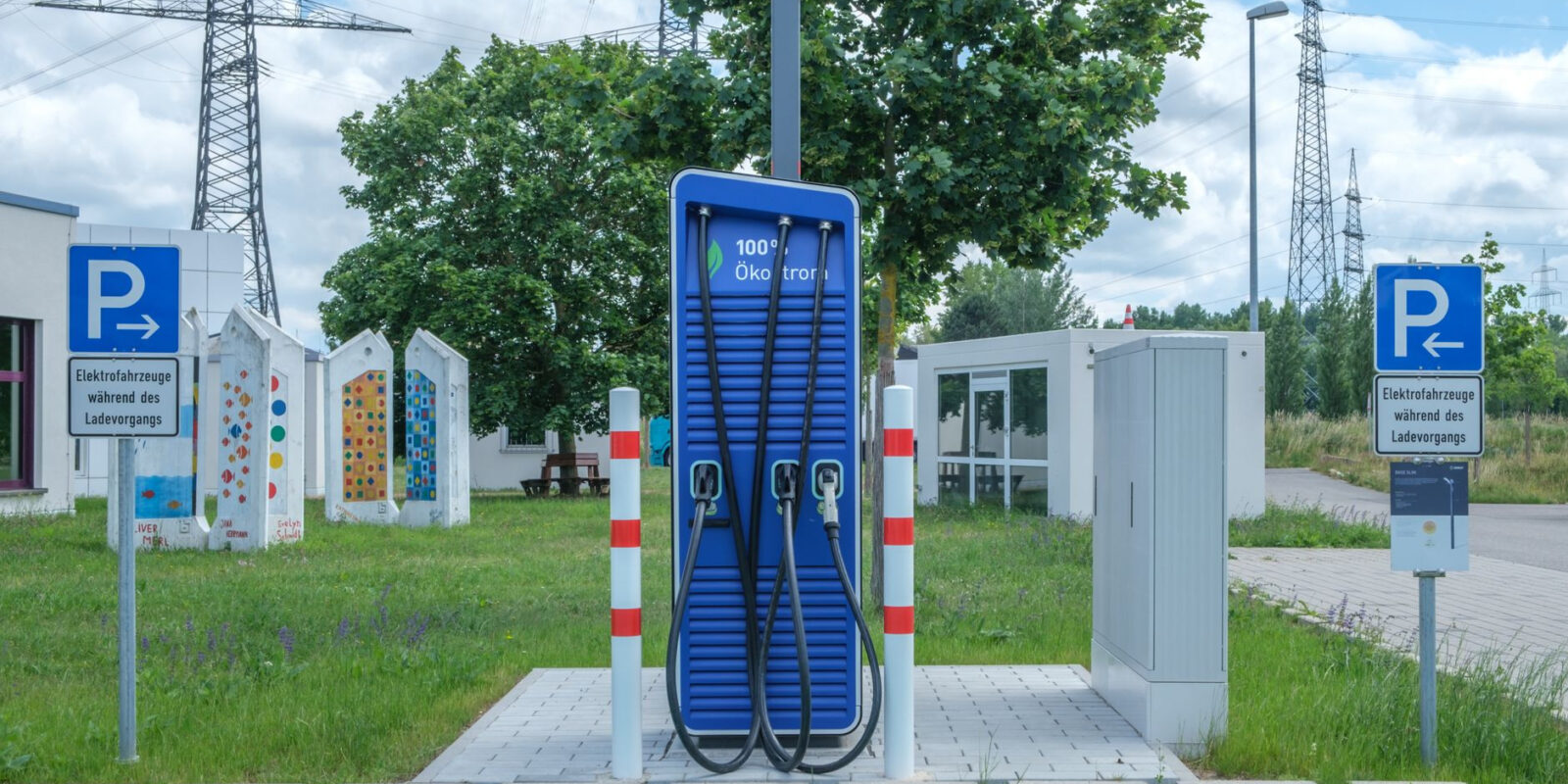 Public charging station with eco-friendly design for electric vehicles.